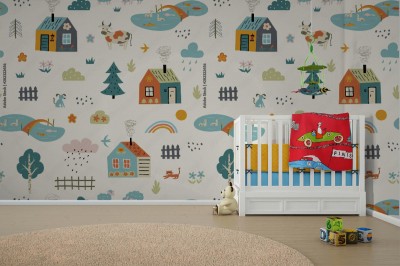 Tapeta skandynawska do pokoju dziecka z wzorem wiejskiego gospodarstwa