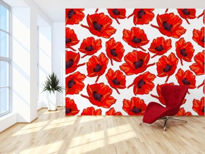Fototapeta Seamless pattern with hand drawn wild red poppy flowers isolated on white background