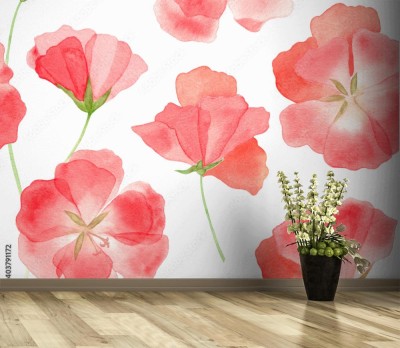 Fototapeta Watercolor red flowers poppy seamless pattern
