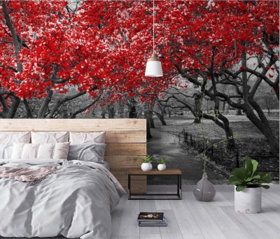 Fototapeta Baldachim czerwonych koron w czarno-białym parku