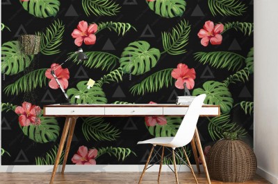 Tapeta ciemna w kwiaty i liście