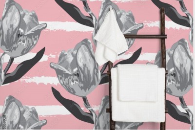 Fototapeta z różowym wzorem roślinnym do przedpokoju