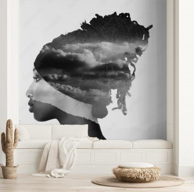 Fototapeta Monochromatyczna podwójna ekspozycja portretu kobiety z profilu i chmury