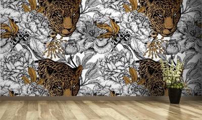Tapeta Kwiatowy wzór z lampartem i piwonie