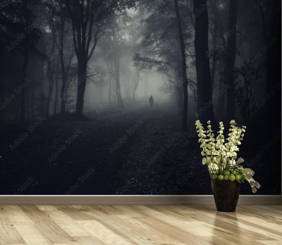 Fototapeta ciemny las z upiornym mężczyzną idącym ścieżką