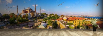 Fototapeta Hagia Sofia, stara turecka łaźnia turecka i Bosfor, piękna panorama Stambułu