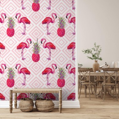 Fototapeta Różowe flamingi z ananasem