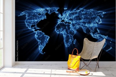 Fototapeta Światowa sieć zobrazowana na mapie za pomocą niebieskich połączeń