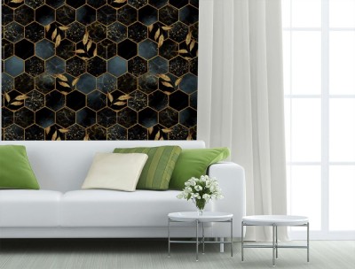 Fototapeta sześciokątna marmurowa tekstura ze złotymi liśćmi