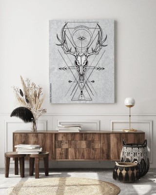 Obraz na płótnie Czaszka jelenia w technice atramentowej z kształtami świętej geometrii na tle grunge