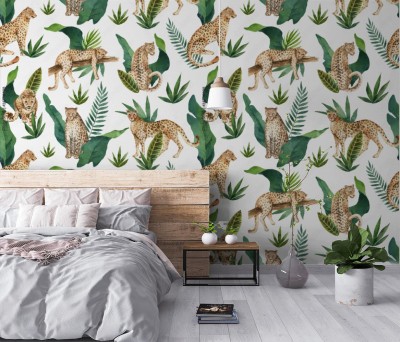 Tapeta Wzór tropikalnych liści i lamparty w dżungli