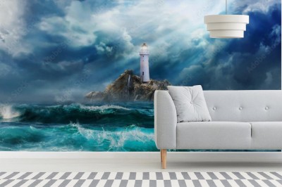 Fototapeta Latarnia morska w burzy z dużymi falami czekającymi na tsunami