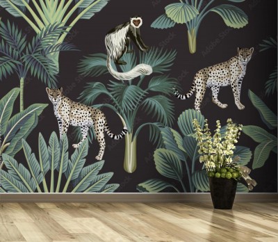 Tapeta Tropikalny wzór vintage z liśćmi i zwierzętami