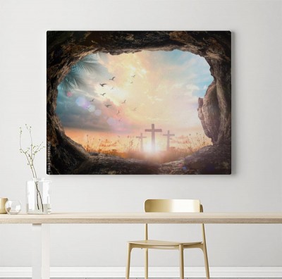 Obraz na płótnie Niedziela Wielkanocna: Pusty grób kamień z trzema krzyżami