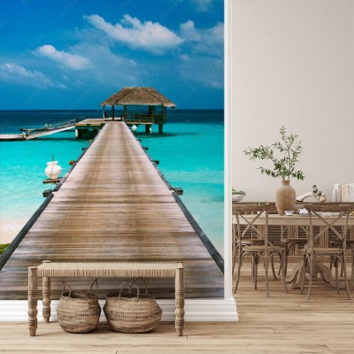 Fototapeta Piękna plaża z domkami wodnymi