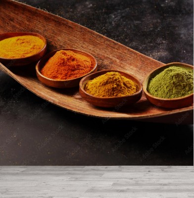 Fototapeta Mielone przyprawy ułożone w rustykalne drewniane miski