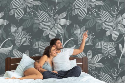 Fototapeta z szarym wzorem ozdobnych roślin