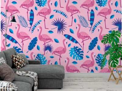 Tapeta retro w tropikalne kwiaty, liście i ptaki