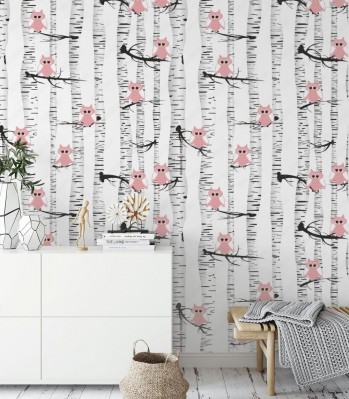Tapeta w różowe sowy siedzące  na brzozie