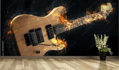 Fototapeta Gitara elektryczna w ogniu na czarnym tle