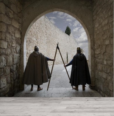 Fototapeta Średniowieczni wojownicy strzegący bramy