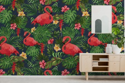 Fototapeta do salonu z liści palm, flamingów i egzotycznych kwiatów