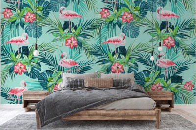 Tapeta Wzór tropikalny  z flamingów kwiatów dżungli