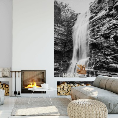 Fototapeta Czarno-białe zdjęcie wodospadu przepływającego przez skalistą ścianę w brazylijskiej dżungli