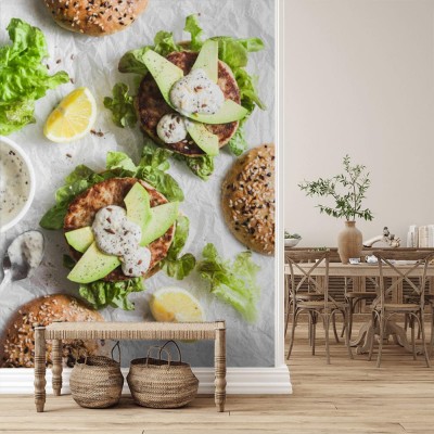 Fototapeta Hamburger z tuńczykiem na jasnym tle