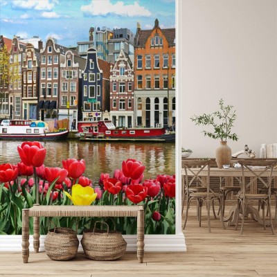 Fototapeta Piękny krajobraz z tulipanami i domami w Amsterdamie