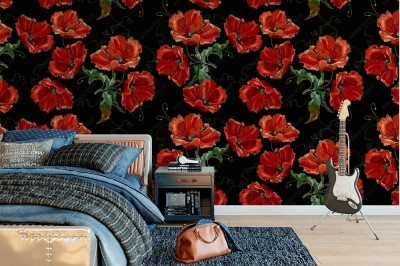 Fototapeta Beautiful red poppies flowers, embroidery seamless pattern  Renaissance spring style  Fashion art nouveau template for clothes, t-shirt design