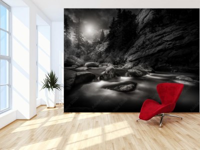 Fototapeta Czarno-biała scena górskiej rzeki w Górach Skalistych w Kolorado