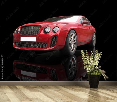 Fototapeta Czerwony elegancki samochód na czarnym odblaskowym tle