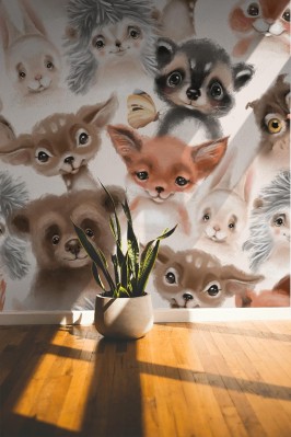 Fototapeta do pokoju dziecka z malowanym akwarelą portretem leśnych zwierzaków