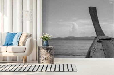 Fototapeta Klasyczna łódź z długim ogonem, czarno-biały obraz w stylu vintage