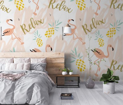 Tapeta w różowe flamingi, owoce i napisy