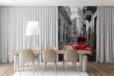 Fototapeta Konwencja retro czerwono-czarno-białego zdjęcia starej ulicy w Hawanie na Kubie