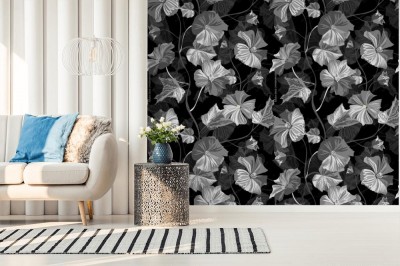 Tapeta do sypialni z pięknym czarno białym wzorem florystycznym