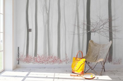 Fototapeta z pięknym lasem pokrytym mgłą