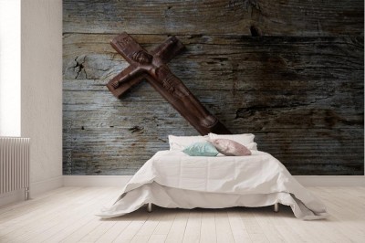 Fototapeta Drewniany krucyfiks na drewnianym tle w stylu vintage