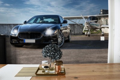 Fototapeta Samochód CG i ultralekki samolot na lotnisku sportowym