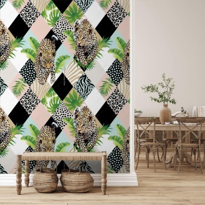 Tapeta Tropikalne liście palmowe i egzotyczne lamparty