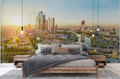 Fototapeta Wschód słońca nad dzielnicą Moskwy i rzeką Moskwą