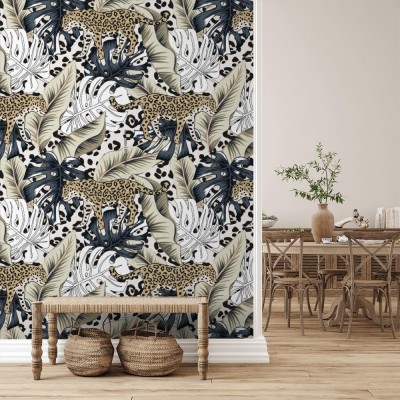 Tapeta Czarno beżowy modny wzór lamparta, z motywami rośłin 