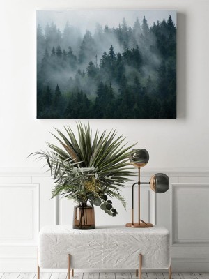 Obraz na płótnie Mglisty krajobraz z jodłowym lasem w hipsterskim stylu retro vintage