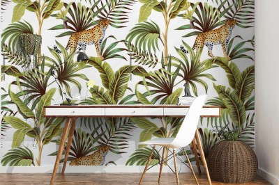 Tapeta Tropikalny bananowiec, lampart i  modne i liściie