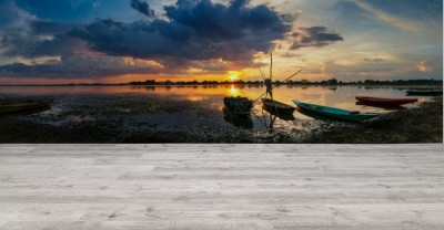 Fototapeta Panorama - zmierzch i łódź rybacka