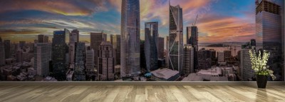 Fototapeta Panorama San Francisco z niesamowitym różowym, czerwonym i niebieskim zachodem słońca