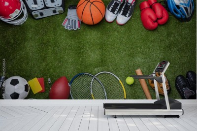 Fototapeta Różne sprzęty sportowe na trawie