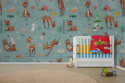 Tapeta z wzorem małego jelenia i zająca